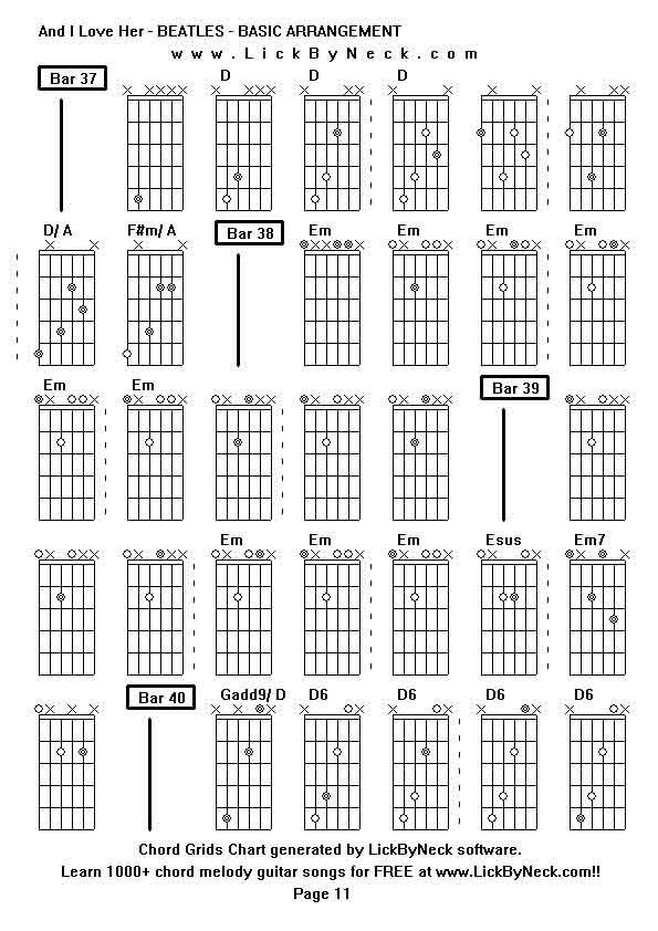 Chord Grids Chart of chord melody fingerstyle guitar song-And I Love Her - BEATLES - BASIC ARRANGEMENT,generated by LickByNeck software.